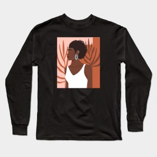 Contemporary collage with abstract African woman portrait, palm leaf and abstract form. Mid Century graphic portrait. Long Sleeve T-Shirt